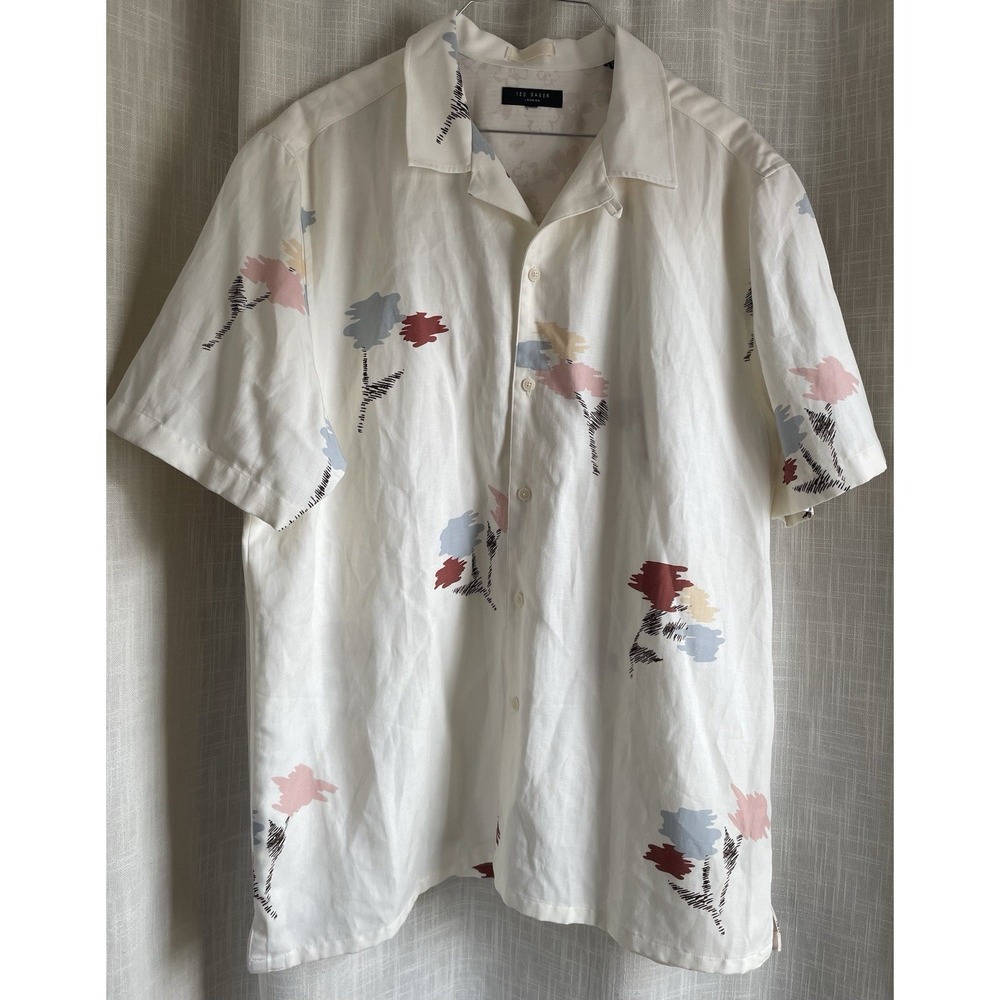 TED BAKER Neele Linen Blend Short Sleeve Camp Shirt Ivory Floral 6 XXL